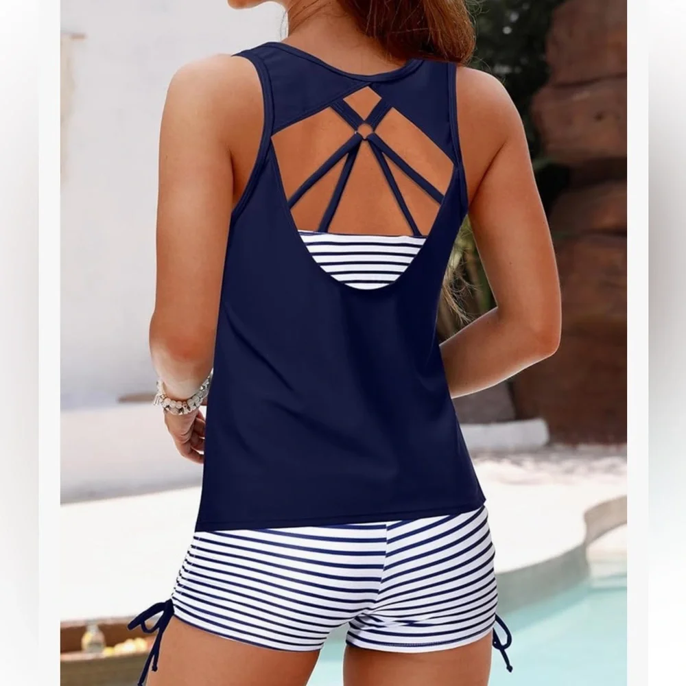 Women’s 3 pcs Tankini Bathing Suit Stripe Bikini Swimsuit NWT Size XL